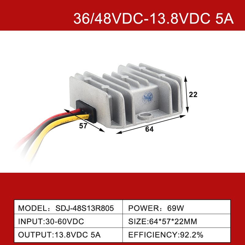 36V/48VDC 至 13.8VDC 5A 至 100A 单输出降压 IP68 非隔离 DC-DC 转换器 